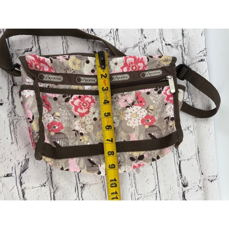 LeSportsac Crossbody Bag Floral Birdcage Cat Pattern Brown Strap Adjustable gallery
