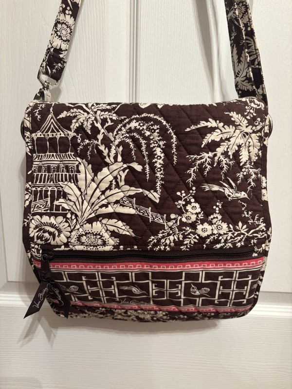 Vera Bradley Imperial Toile Brown/White/Pink Messenger Bag, Deep Pockets