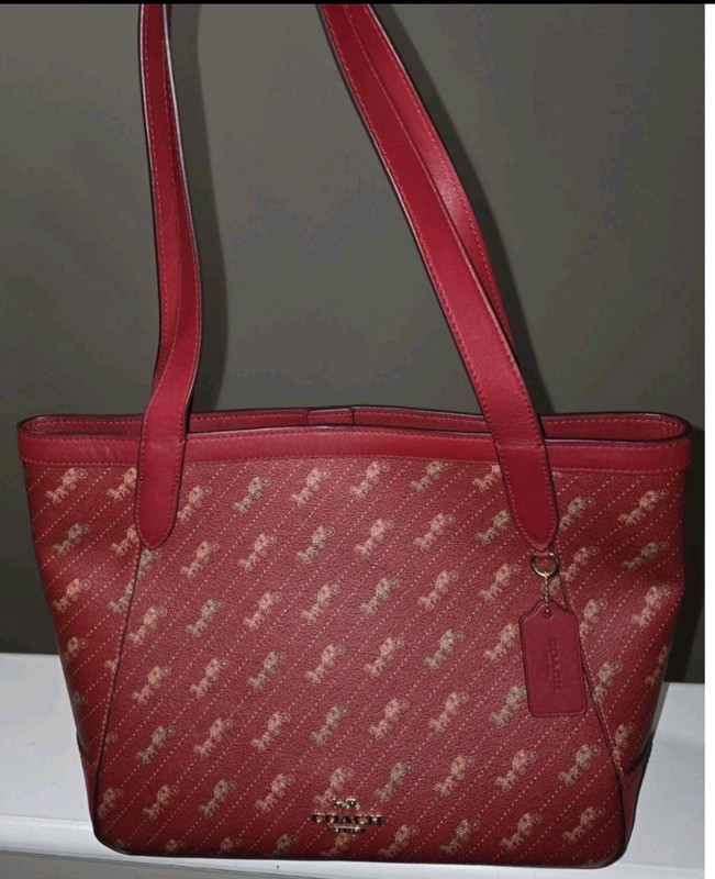 Coach Red Logo Tote Shoulder Bag, Snap Closure, Gold Hardware, Hangtag Charm
