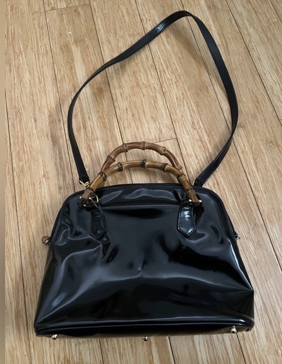Gucci Black Patent Bamboo Top Handle Satchel Zip Closure Medium