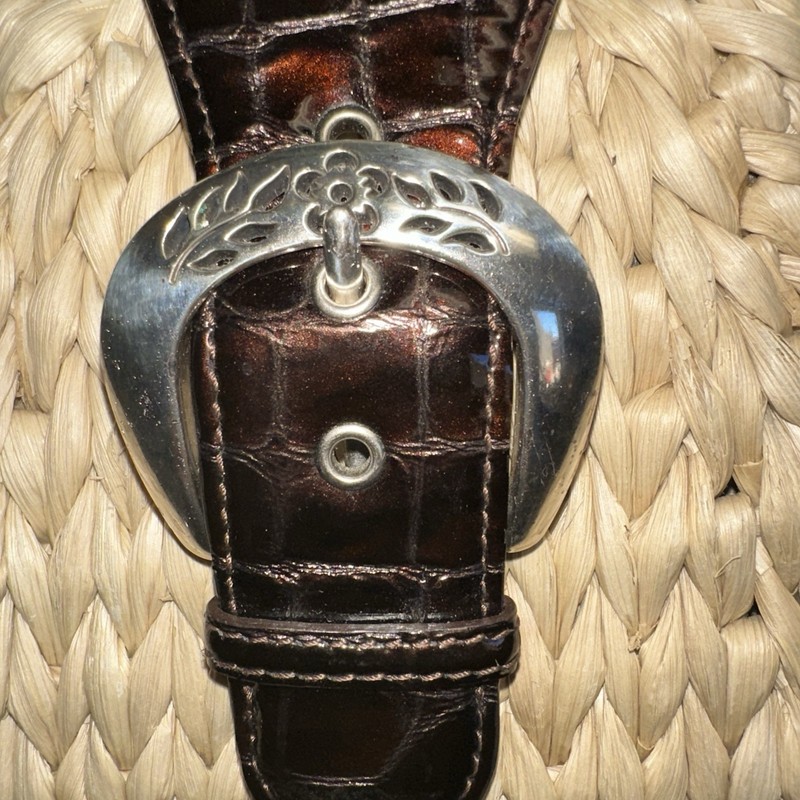 Brighton Dark Brown Croc Embossed Leather Woven Straw Jute Double Handle Bag gallery