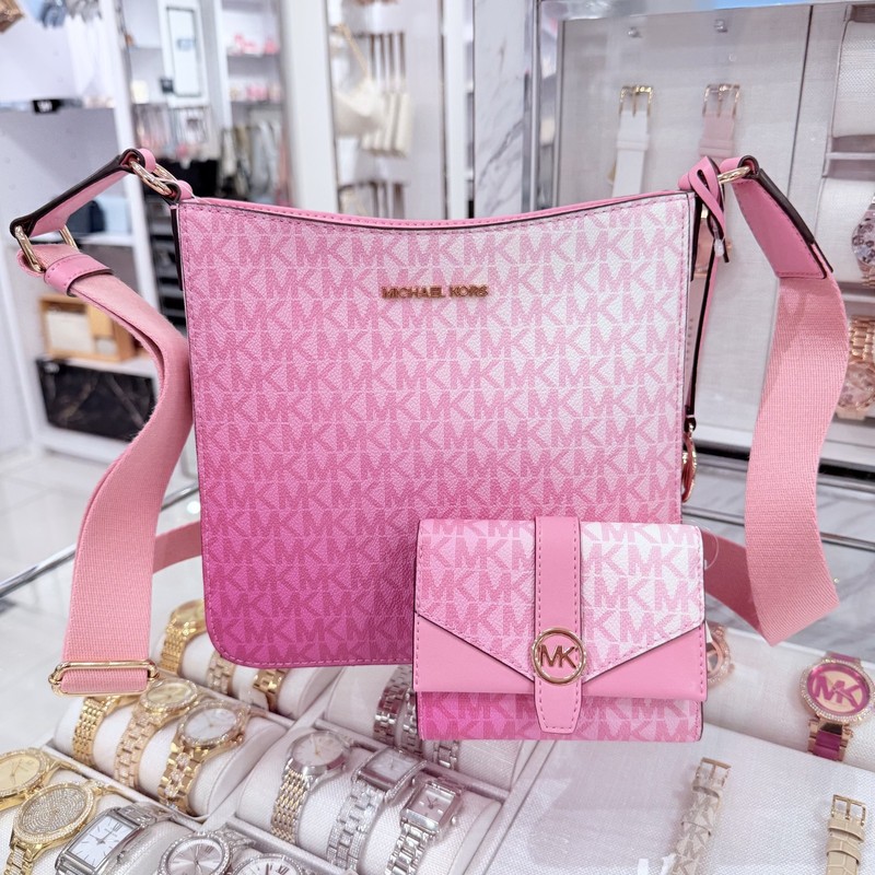 Michael Kors Jet Set Travel Signature Logo Crossbody Bag + Wallet Set Carnation