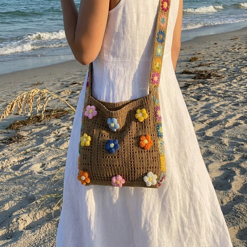 Flower Applique Crochet Bag Women Colorful Knit Crossbody Shoulder Purse gallery