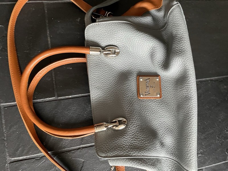 Valentina Leather Gray and Brown Shoulder Bag Purse Gold Hardware gallery
