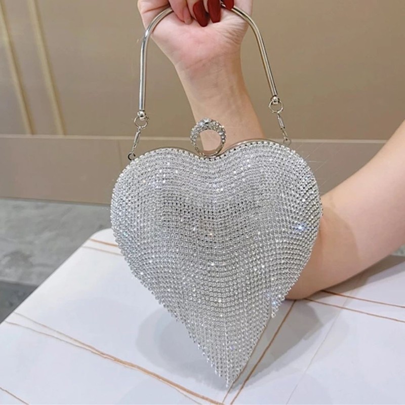 Heart Rhinestone Clutch Bag Women Evening Purse Tassel Handbag Gold Silver gallery