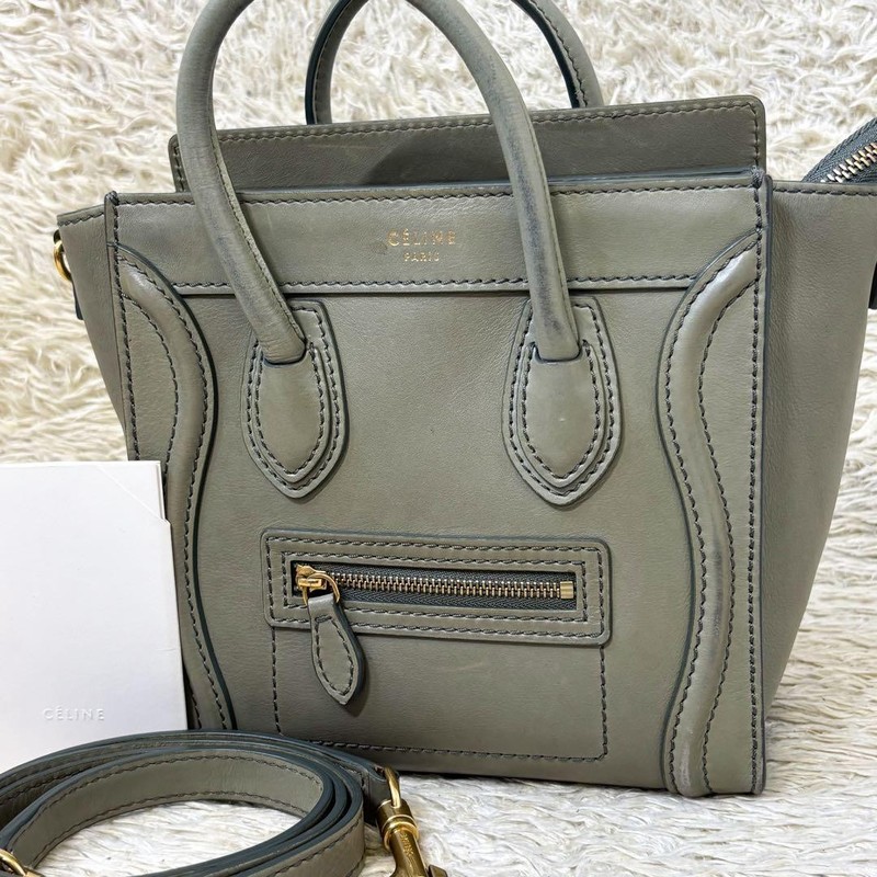 Celine Luggage Nano Shopper Handbag Khaki 2Way Crossbody Used