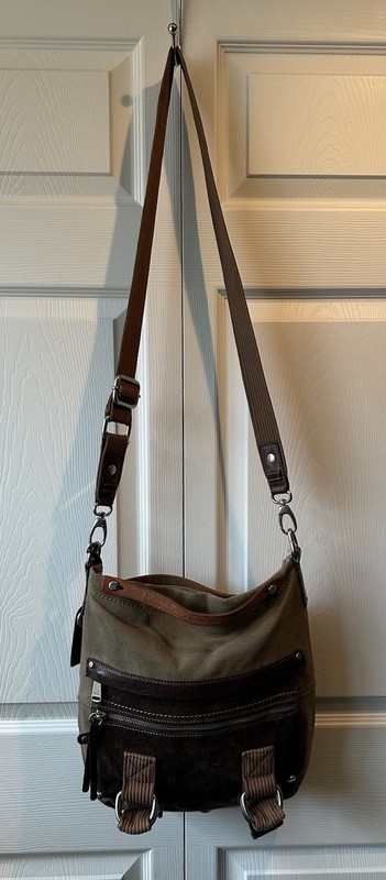 Fossil Crossbody Khaki Distressed Suede Canvas & Leather Handbag Purse W Key
