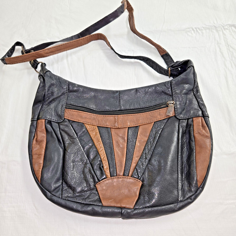 Vintage Marzia Leather Shoulder Bag Purse Black Brown Two Toned Sunburst Style