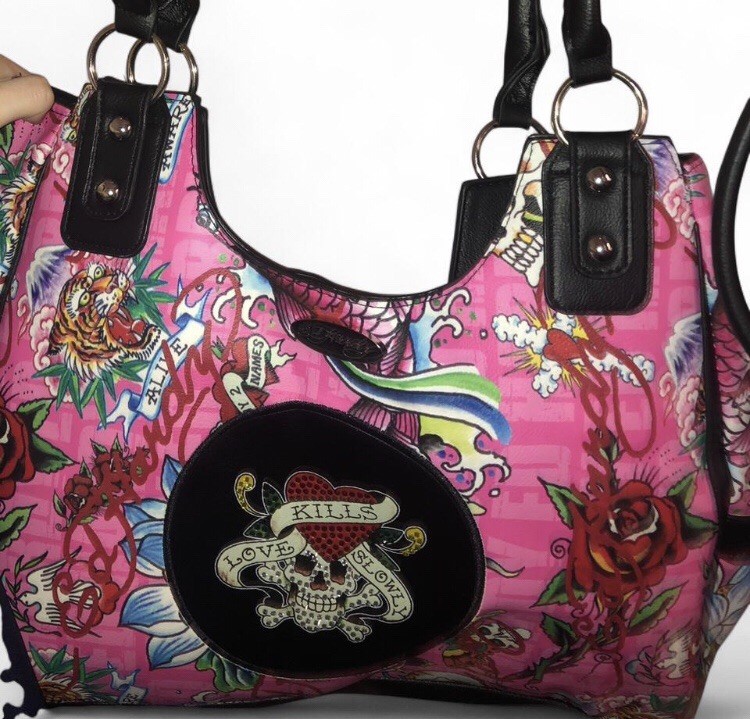 Brand NewEd Hardy Pink Rhinestone Tattoo Purse Bag