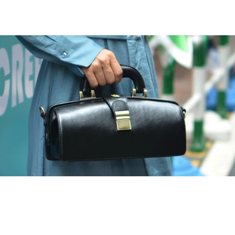 Erivis Genuine Leather Women’s Doctor Bag Black with Crossbody Strap and Handles gallery