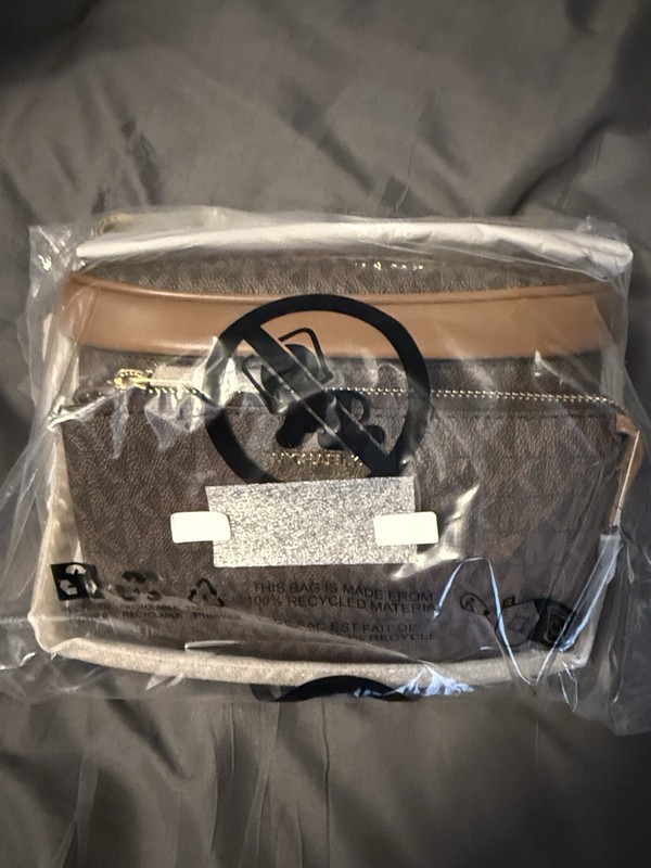 Michael Kors Medium Logo Chain Sling Pack Crossbody Bag Brown Tan Zip Strap gallery