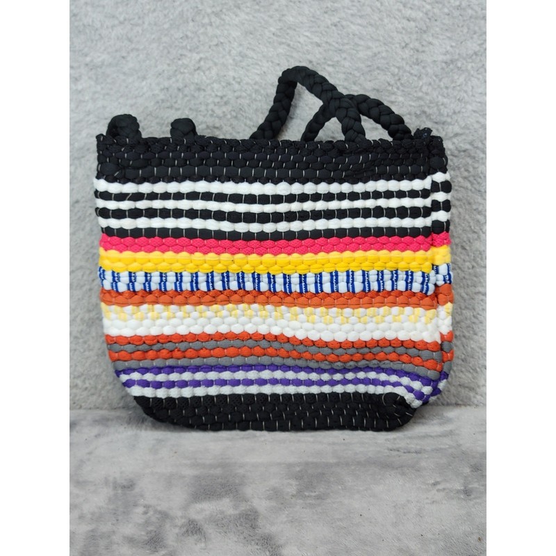 Handmade Woven Multicolor Striped Rag Rug Tote Bag Boho Braided Handle Purse