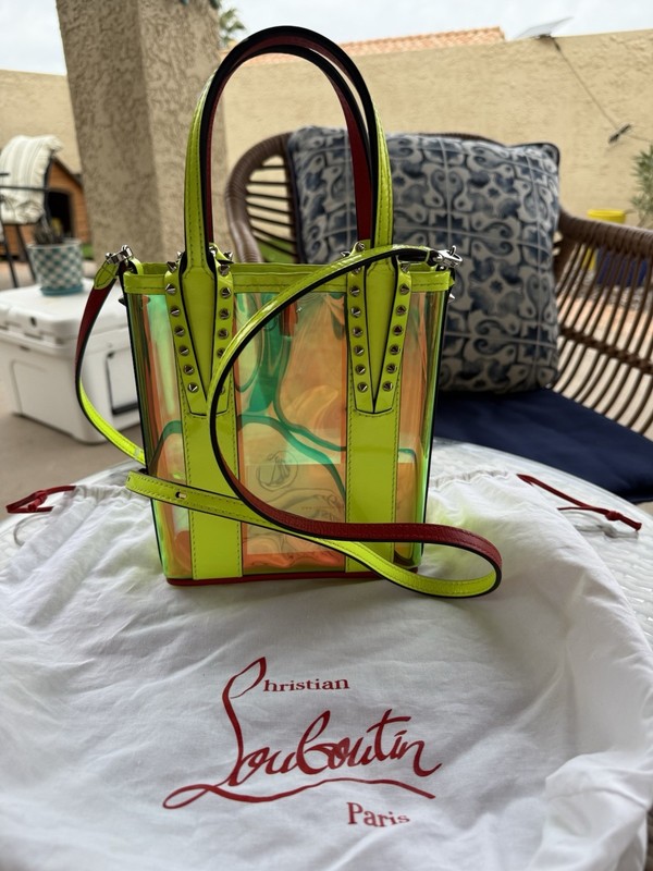 Christian Louboutin Mini Cabata Fluo Neon Green Studded Tote Strap Handle Women