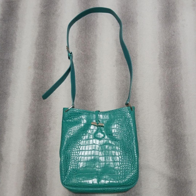 Longchamp Croco Embossed Shoulder Bag Purse Teal Green Turquoise USED Good Cond!
