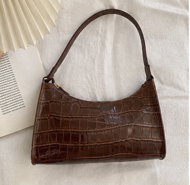 Brown Croc Embossed Shoulder Bag Zip Top w/ Gold Hardware Shoulder Strap
