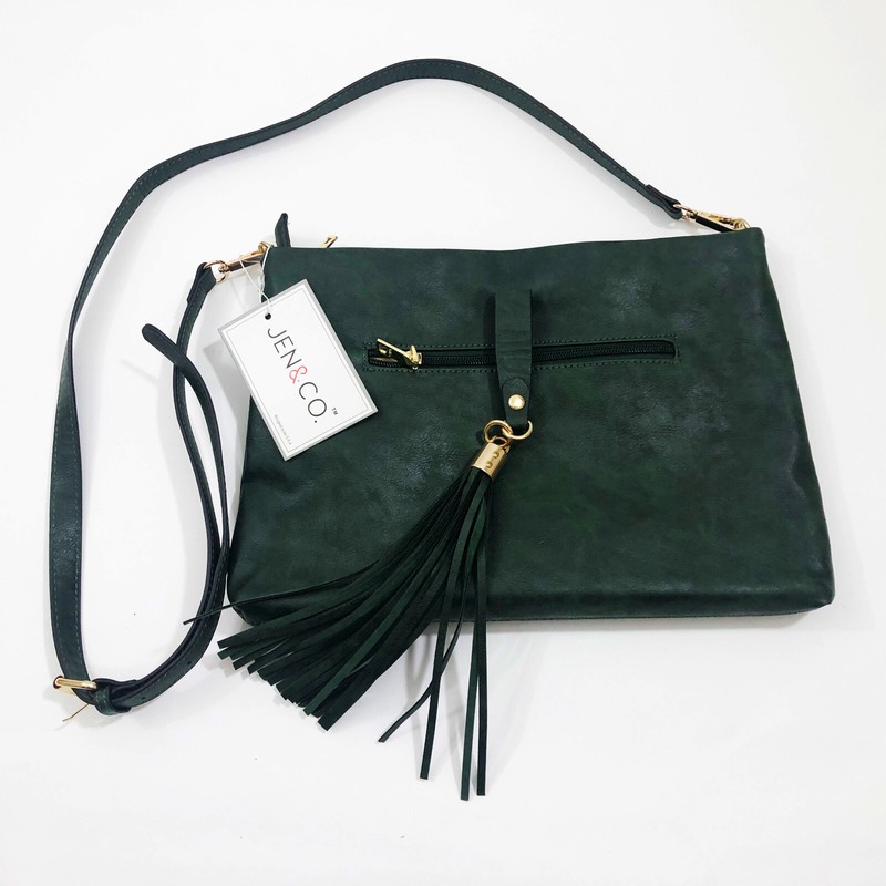 Jen & Co Crossbody Shoulder Cluch Green Vegan Leather 13×9.5×2.5 inches