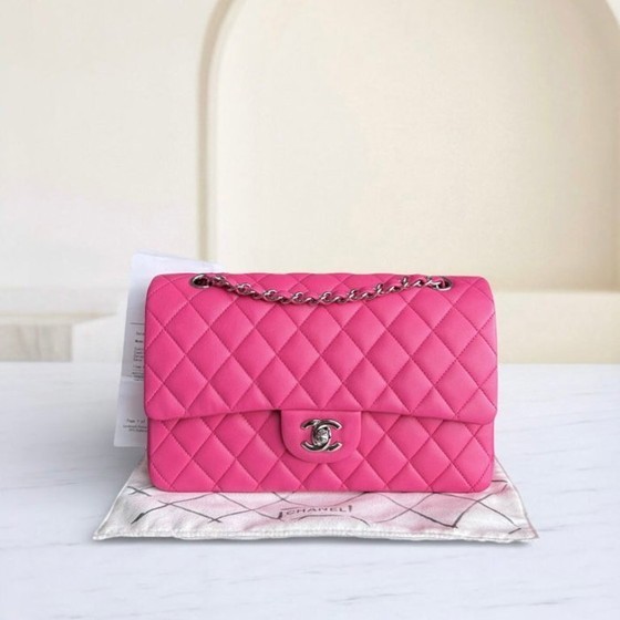 Chanel Classic Flap Medium Quilted Lambskin Bag in Hot Pink with Silver Hardware