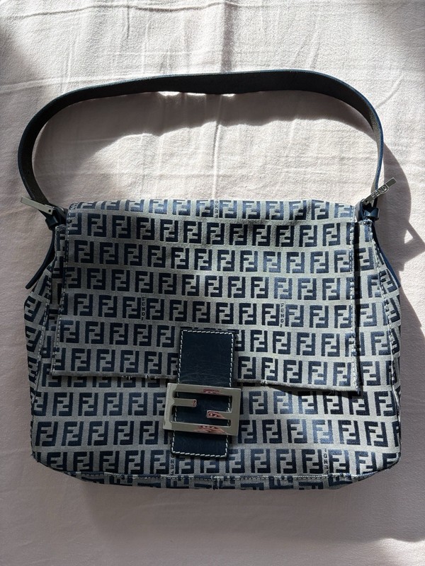 Fendi Mama Baguette Zucchino FF Shoulder Bag Blue Canvas Vintage