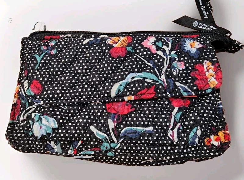 NWT Vera Bradley RFID Wallet Crossbody in Cotton Perennials Noir Dot SRP $65