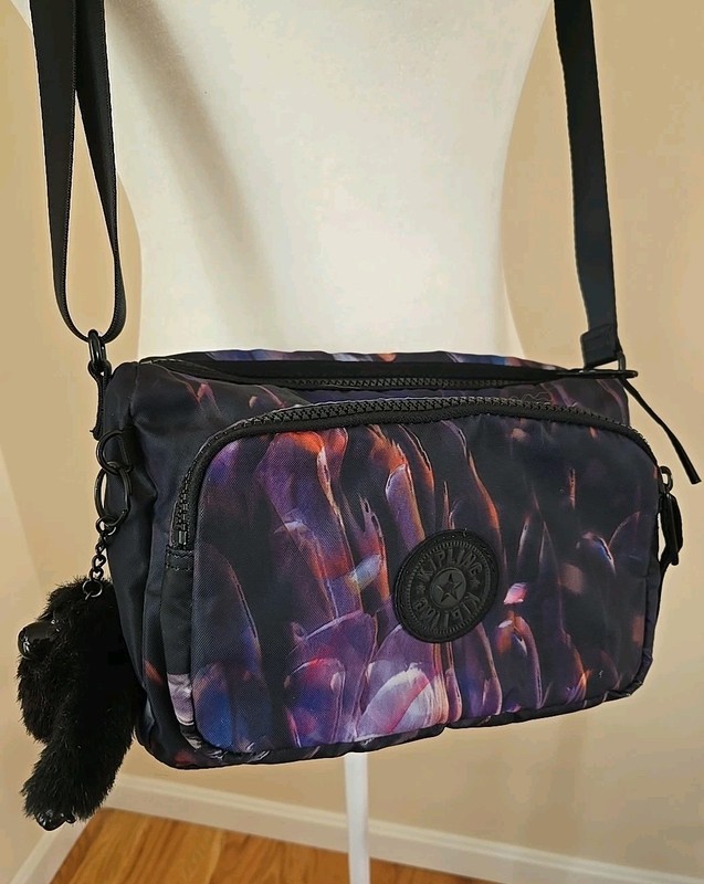 Kipling Nylon Canvas Top Zip Softshell Crossbody Bag Gorilla Charm Static Floral