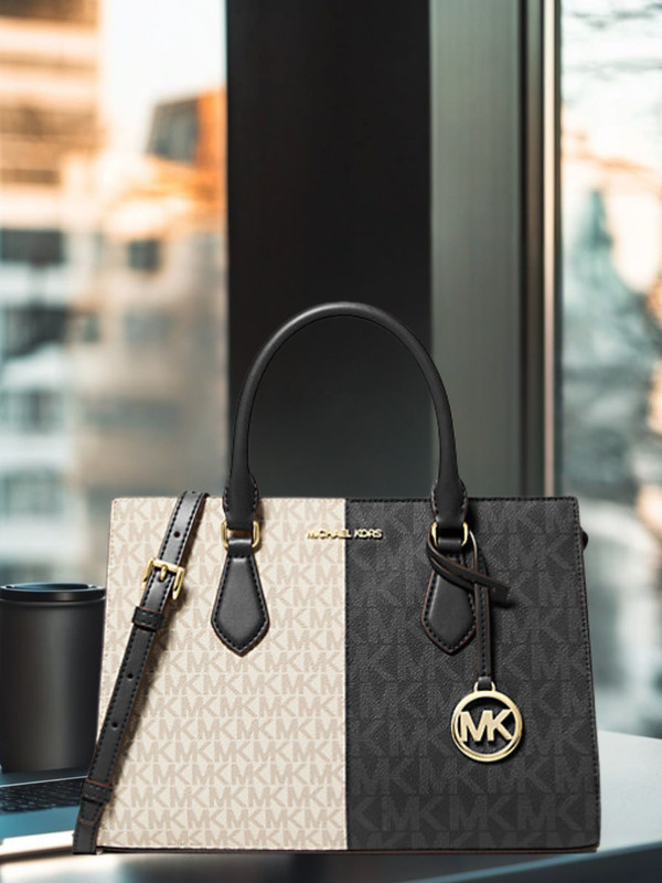 Michael Kors Sheila Medium Two-Tone Metallic Logo Satchel Women Bag Black Multi