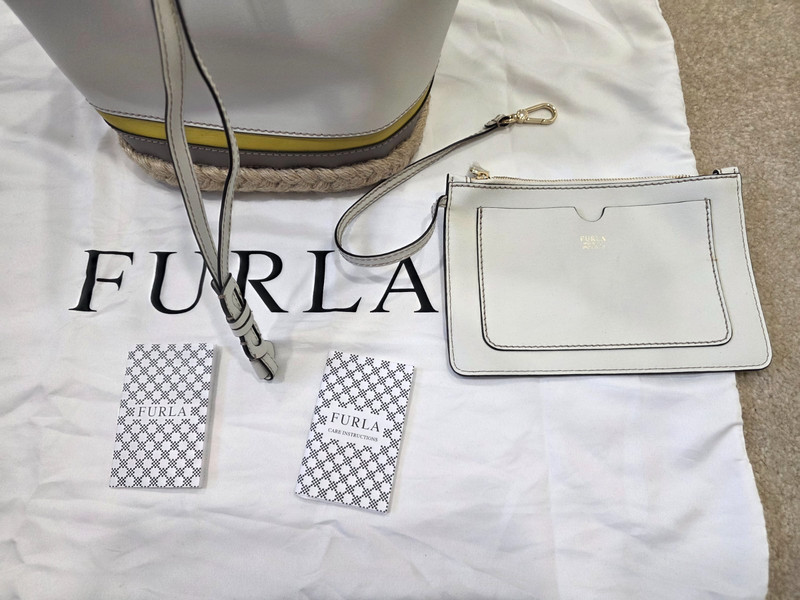 FURLA Vittoria Drawstring Jute Base Bucket Handbag & Pouch with Dust Bag - Italy gallery