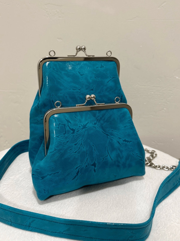 Unique 2 In 1, Embossed Leather Handmade Kisslock Double Frame Multi Use Bag