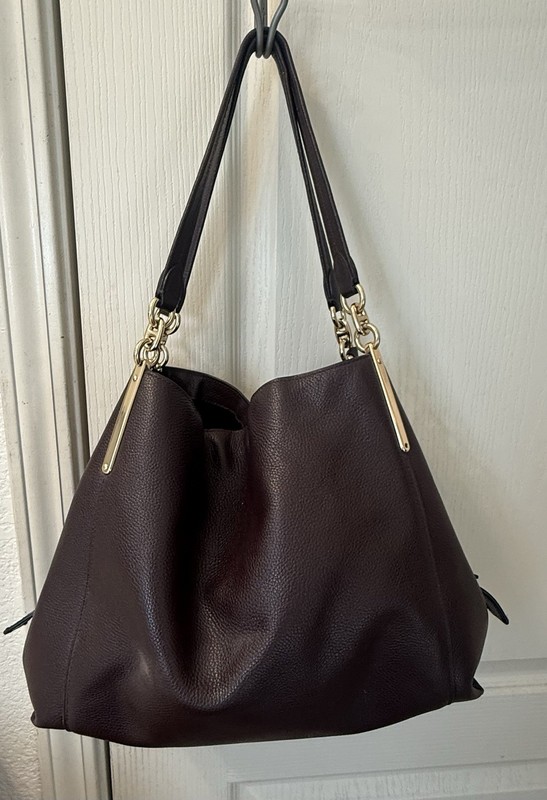 Coach Burgundy Pebbled Large Shoulder Bag Zip Closure Gold Hardware Charm gallery