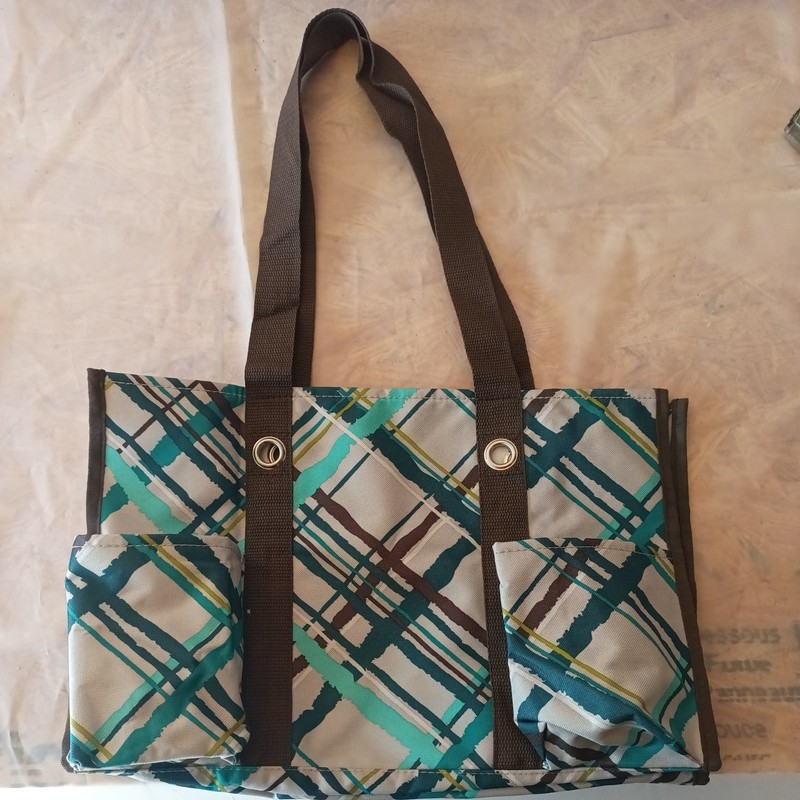 31 Thirty One Organizing Utility Tote Bag Sea Plaid Open-Top Medium Double Handl