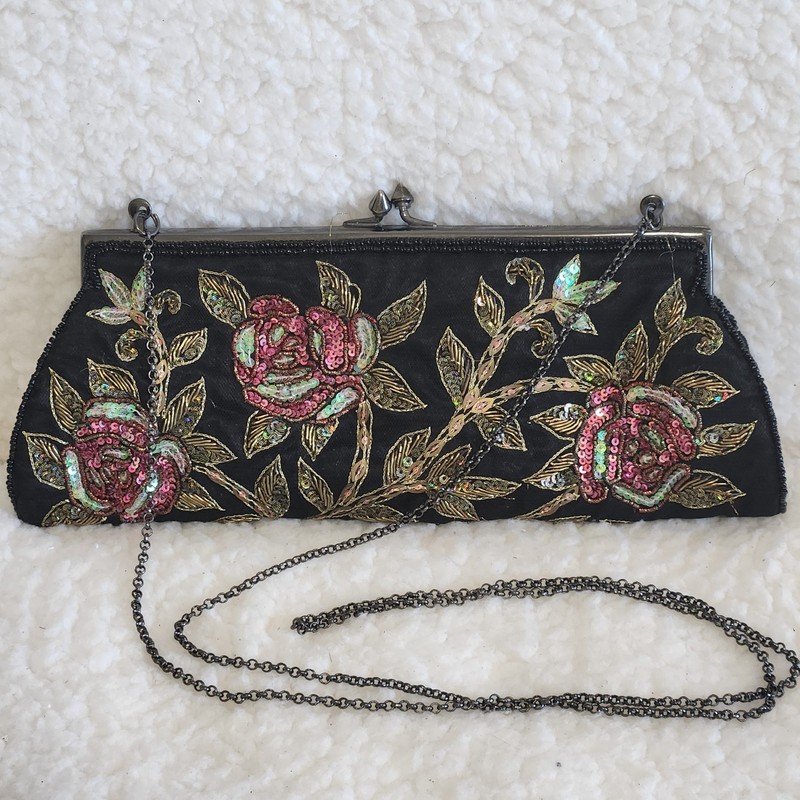 Moyna Womans Sequins Beaded Clutch/Shoulder Handbag Bag Rose, Gold,Black 10.5×4″