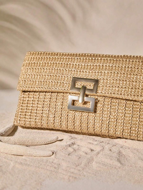 Woven Straw Flap Clutch Bag Medium Turn-Lock Chain Shoulder Purse Vacation gallery