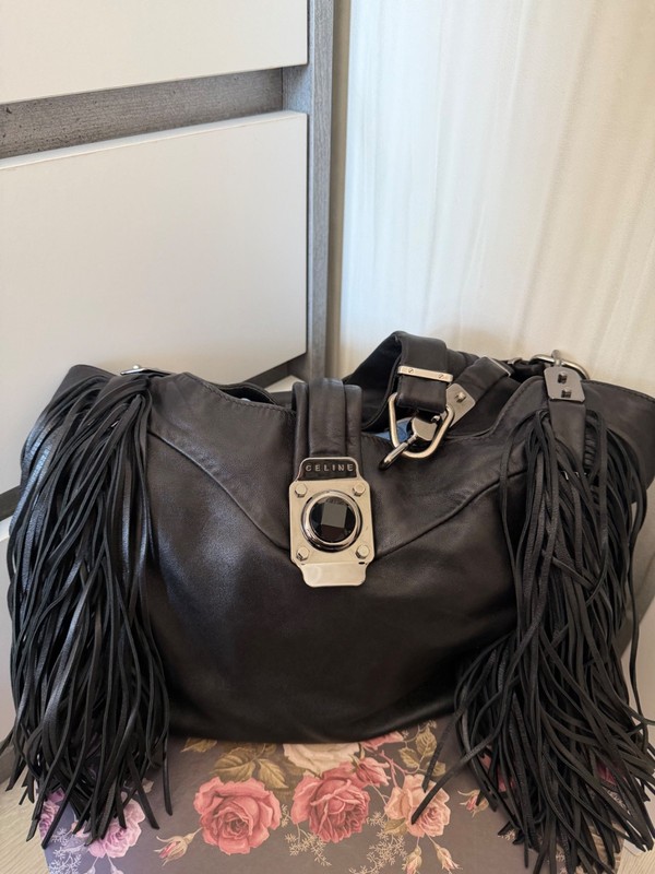 Celine Black Leather Fringe Shoulder Bag Silver Hardware Boho Designer Handbag