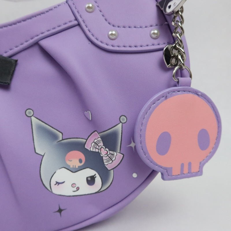 Kuromi Purse Bag Baguette Purple Keychain Skull Mirror Charm Bow Hearts Roses gallery