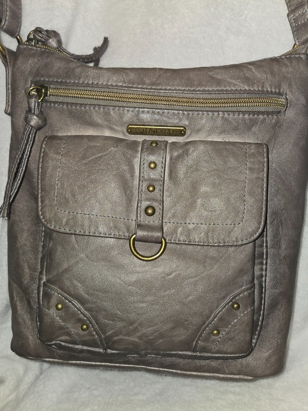 Stone & Co Taupe Crossbody Purse Faux Leather Brass Stud Detail Adjustable Strap
