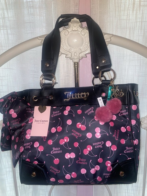 NWT Juicy Couture Cherry Daydreamer Black Pink Bow Rhinestone Logo Viral Y2K