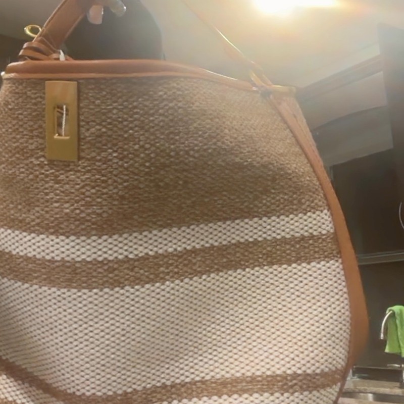 Striped Brown/Beige Bucket & Drawstring Bag Round Top Handle, Detachable Strap gallery