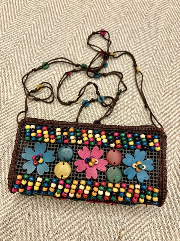 New Handmade Coconut Shell Beaded Floral Macrame Crossbody Double Zip Bag Unique gallery