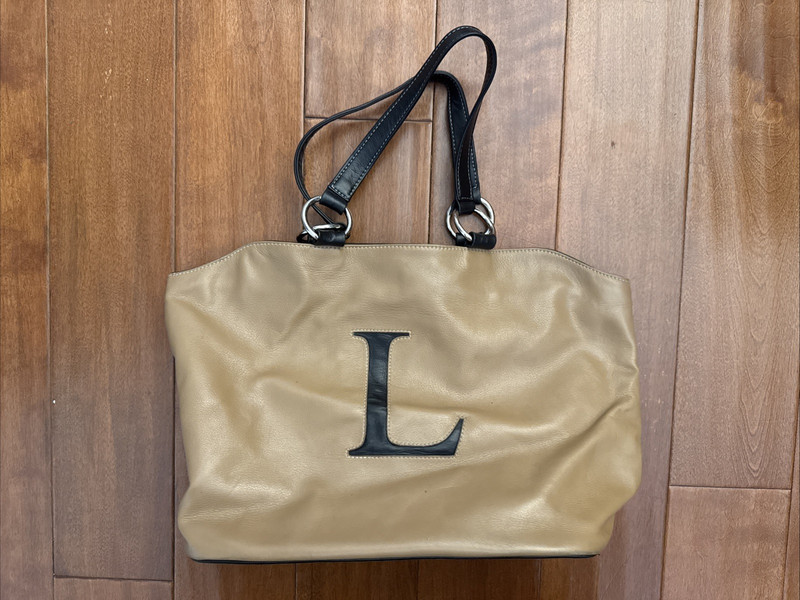 JAM Jana Fiefer Initial Letter L Brown Black Tote Leather Shoulder Bag Suede