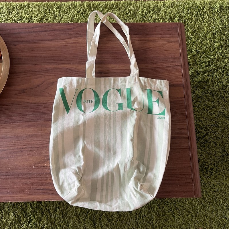 Vogue 2023 Green Striped Canvas Stylish Tote Bag