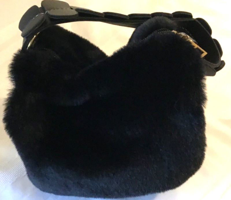 Small Black Faux Fur Short Barrel Purse Black Stitched Top Handle gallery