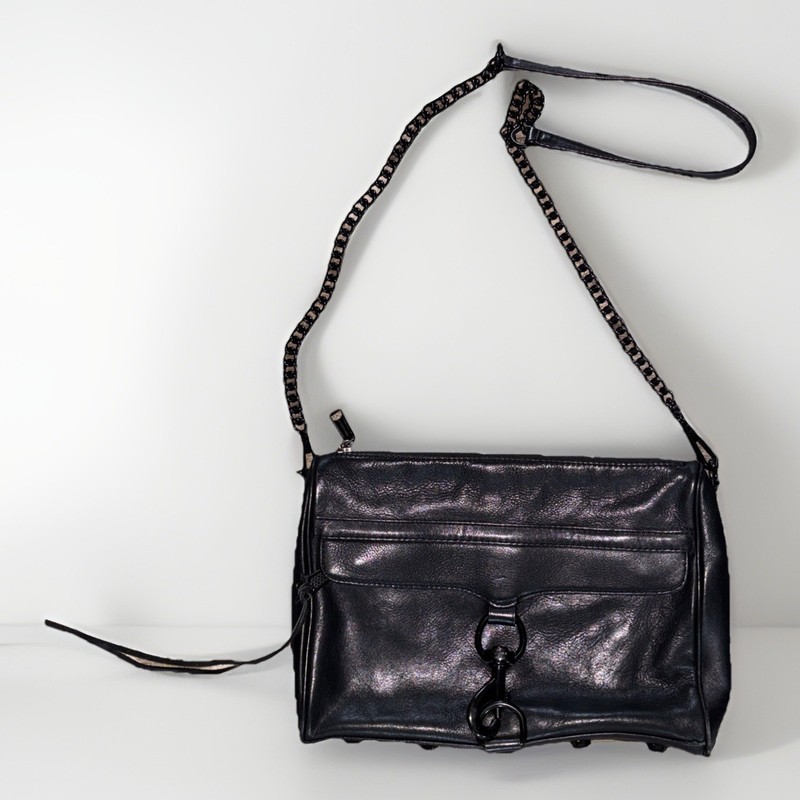 REBECCA MINKOFF MAC Black Leather SHOULDER BAG Crossbody Purse Clutch Chain