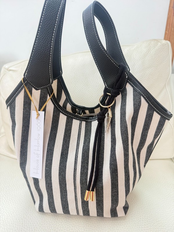 NWT House of Harlow 1960 Black & White Striped Canvas Shoulder Tote Bag