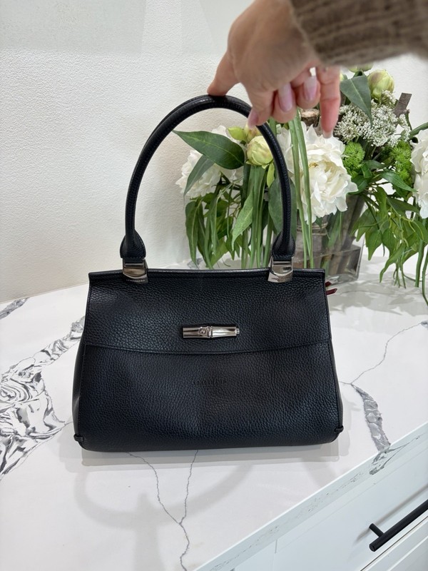 Longchamp Roseau Black Leather Top Handle Bag Silver Hardware Satchel Authentic