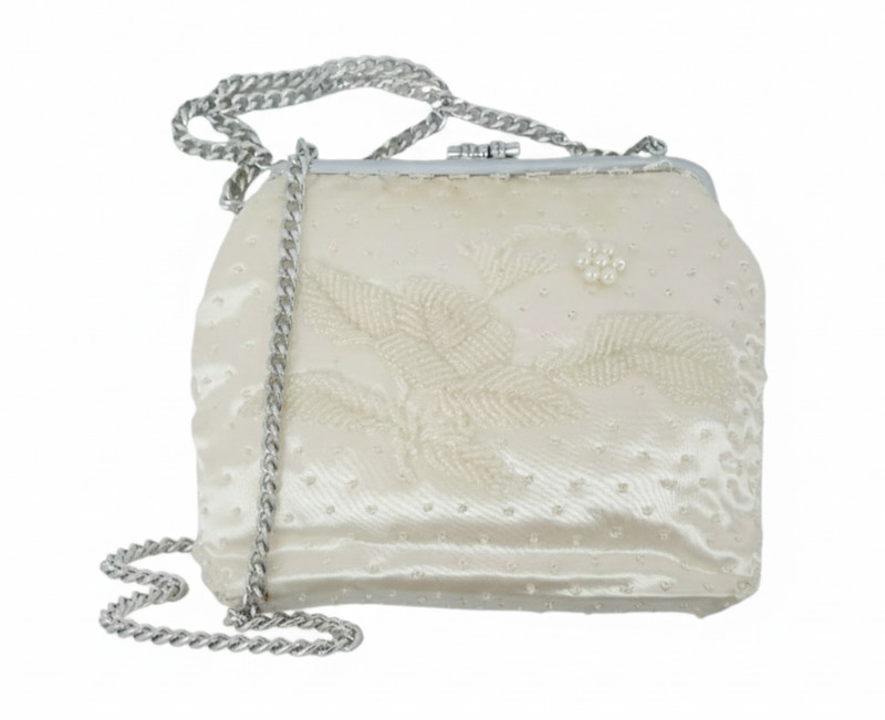 Vintage Remco of California Clutch Ivory Iridescent Beaded Satin Silver Chain gallery