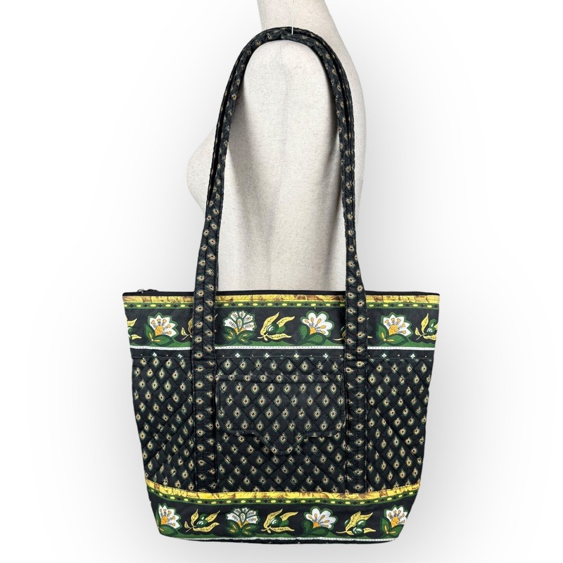 Vintage 90s Quilted Tote Purse Bag Black Green Paisley Floral Retro Casual