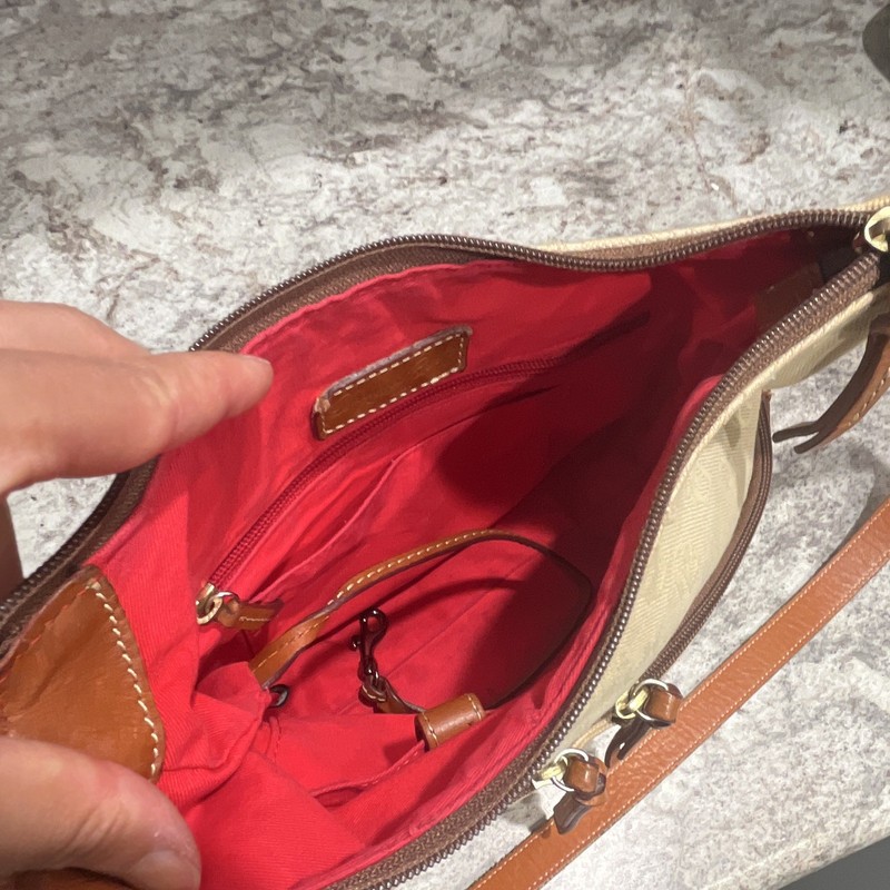 Dooney & Bourke Small Beige Logo Crossbody Bag Zip Closure Red Lining gallery