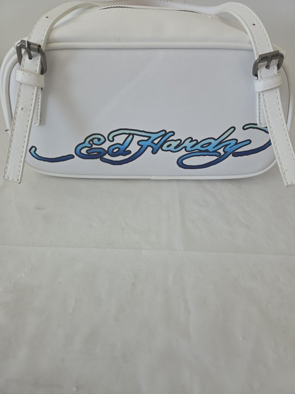 Ed Hardy Purse Satchel White Rhinestone Adjustable Straps Skull Wings Flowers gallery
