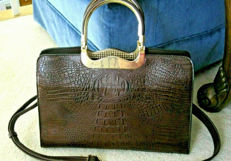 Brown Crocodile Skin Style PU Faux Leather Handbag Gold Tone Metal Handle Trim