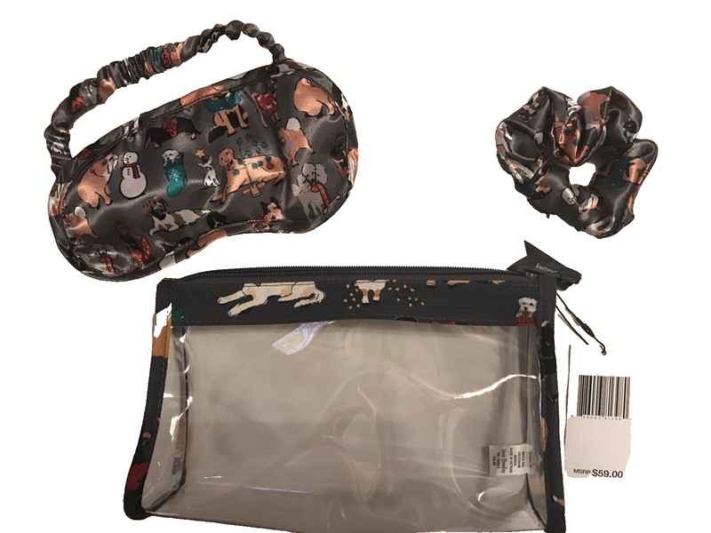 3 pc Vera Bradley Holiday Dogs Gift Set Hair Scrunchie and Eye Mask in Clear Bag gallery