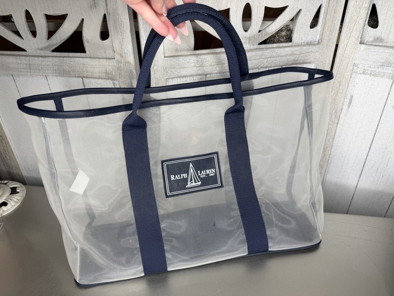 Ralph Lauren Mesh Tote Bag Top Handle Nautical Blue White READ
